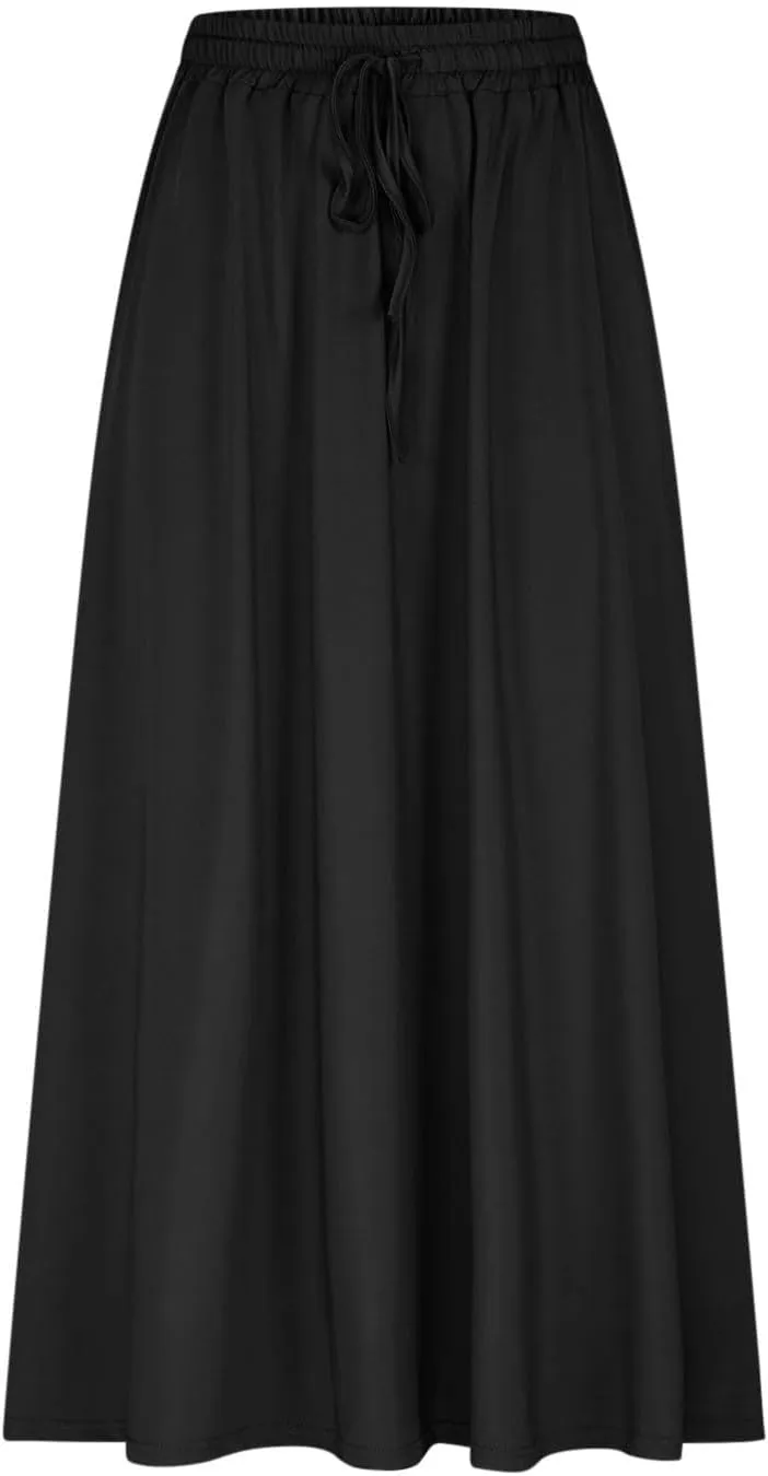 Boho Skirts for Women Casual Smocked Elastic High Waist Tie Long Maxi Skirt Summer Comfy Flowy Dress with Pockets