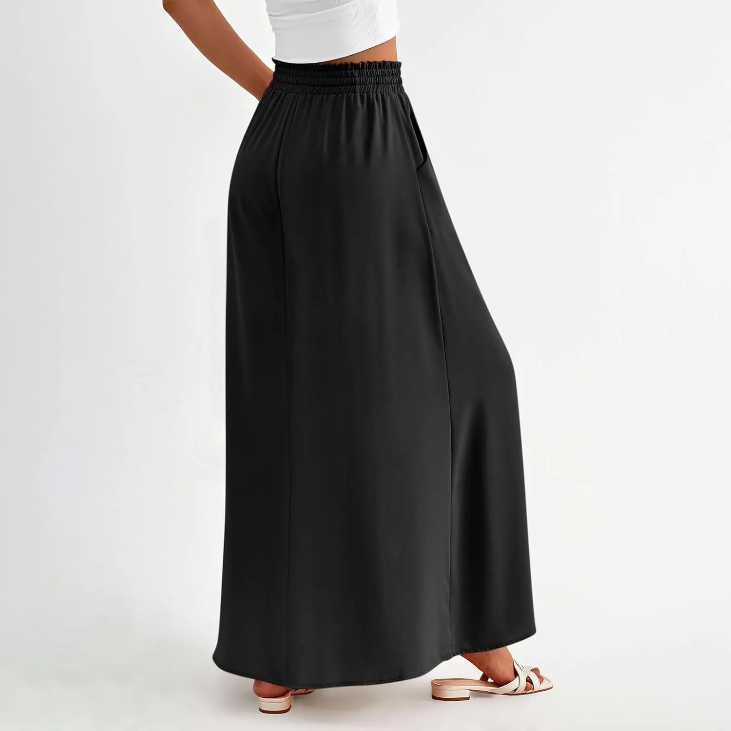 Boho Skirts for Women Casual Smocked Elastic High Waist Tie Long Maxi Skirt Summer Comfy Flowy Dress with Pockets