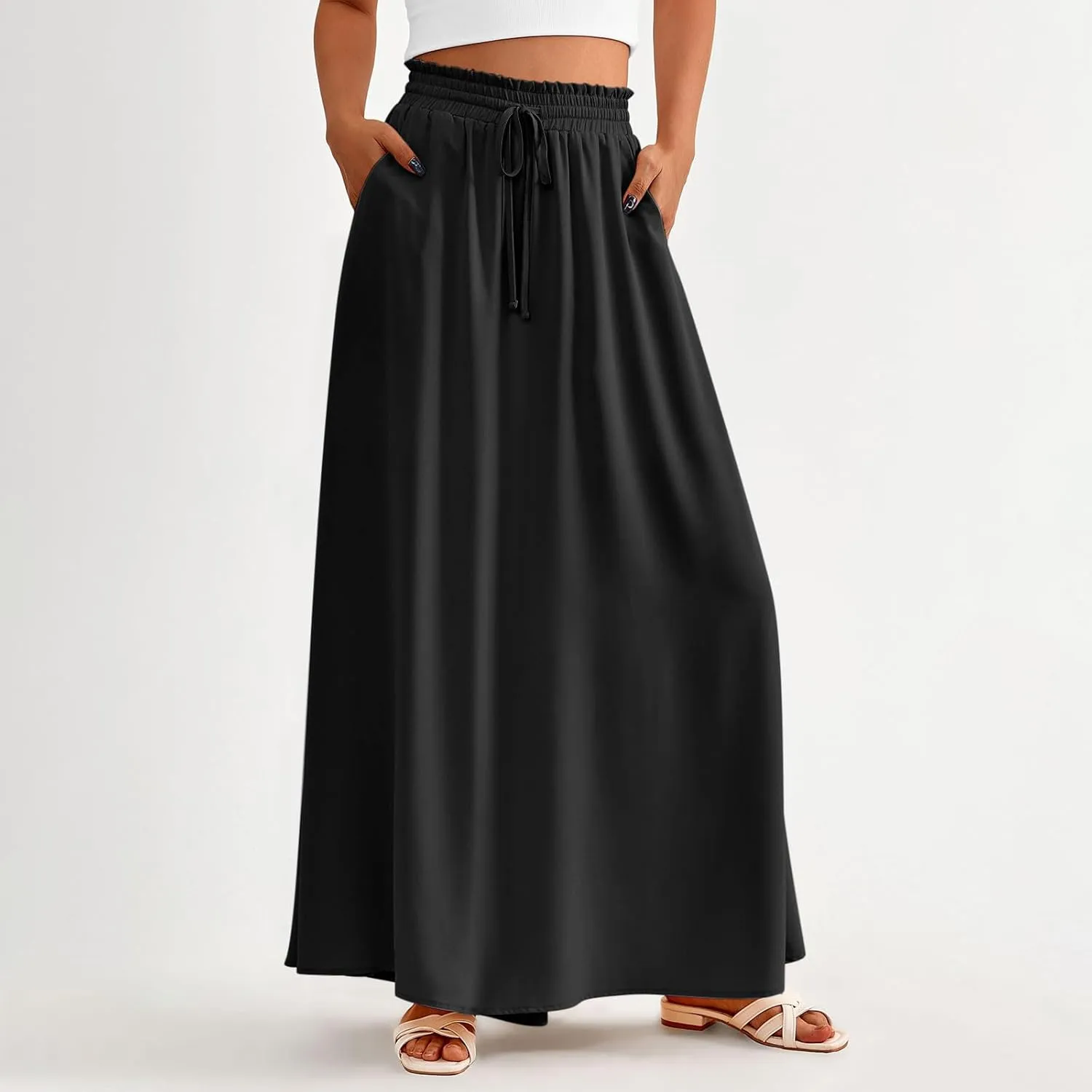 Boho Skirts for Women Casual Smocked Elastic High Waist Tie Long Maxi Skirt Summer Comfy Flowy Dress with Pockets