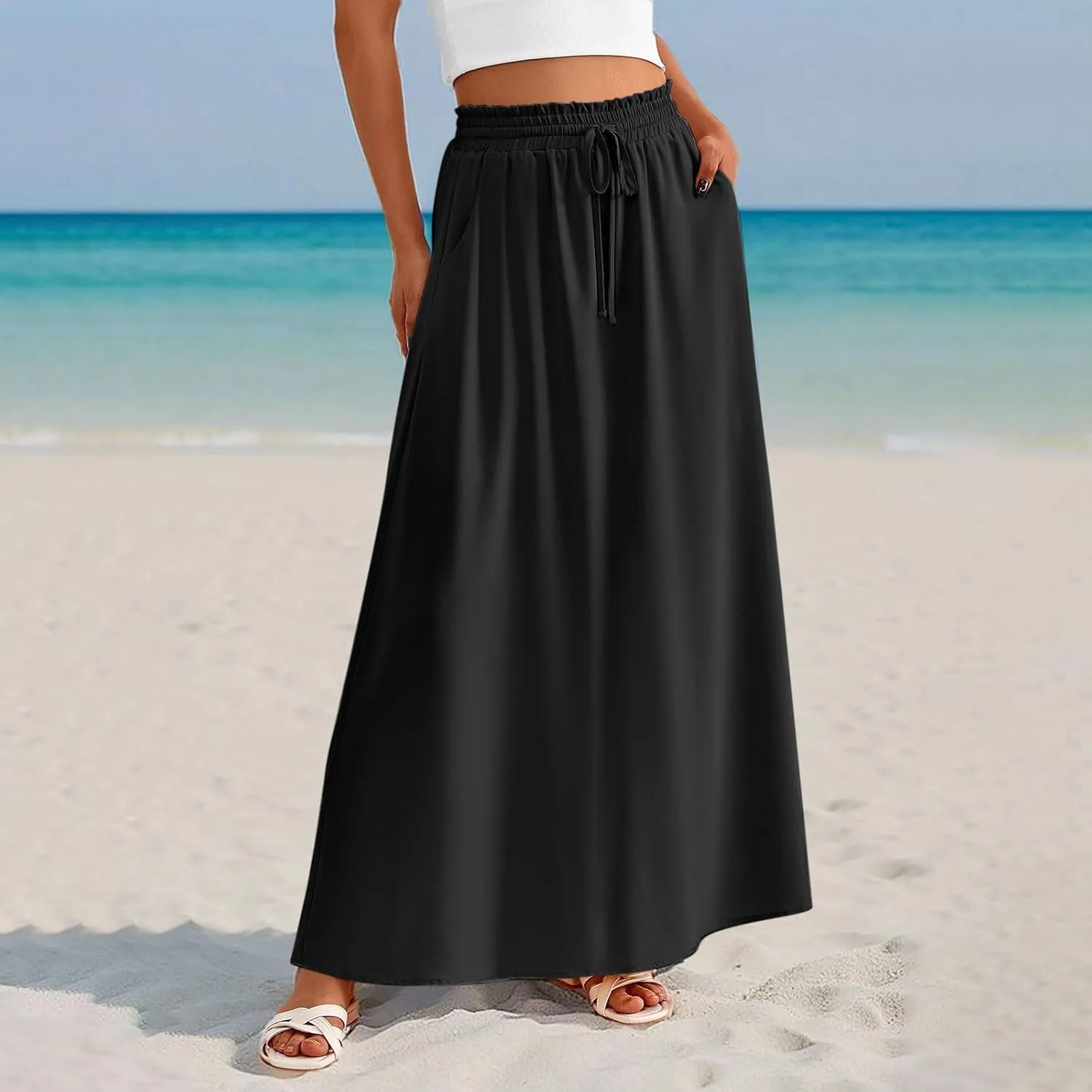 Boho Skirts for Women Casual Smocked Elastic High Waist Tie Long Maxi Skirt Summer Comfy Flowy Dress with Pockets