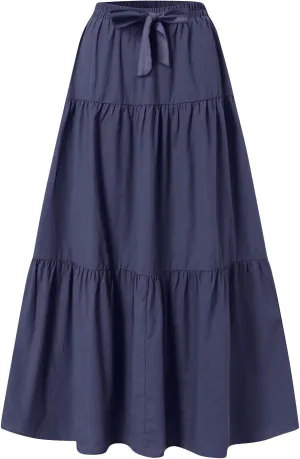Boho Skirts Women Maxi Flowy Summer Skirts Tie Front High Waisted Tiered Long Skirts for Beach Vacation Cruise Wear