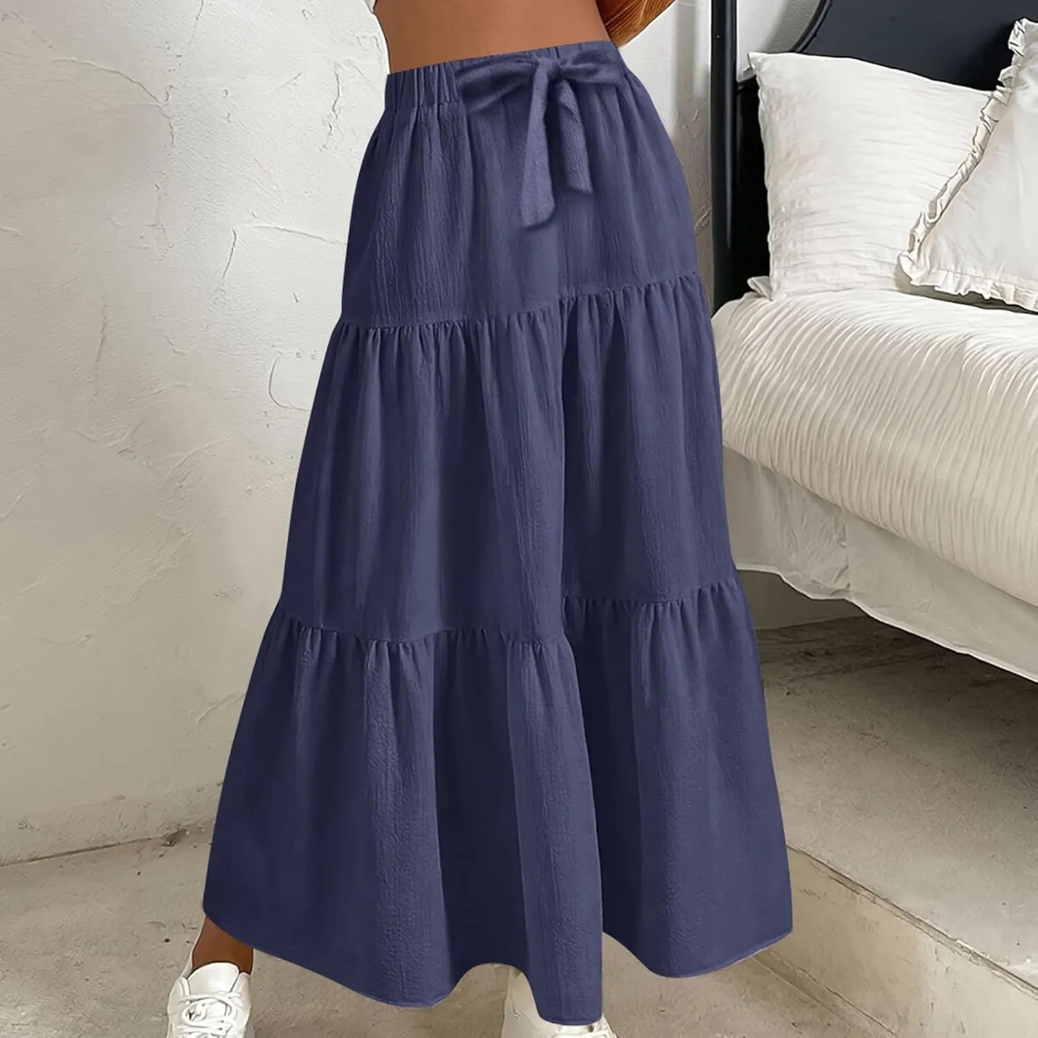 Boho Skirts Women Maxi Flowy Summer Skirts Tie Front High Waisted Tiered Long Skirts for Beach Vacation Cruise Wear