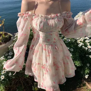 BonnyshowSummer Floral Dress Women Slash Neck Female Long Sleeve Fairy Dress Off Shoulder Pink A-line Elegant  Beach Short Dresses