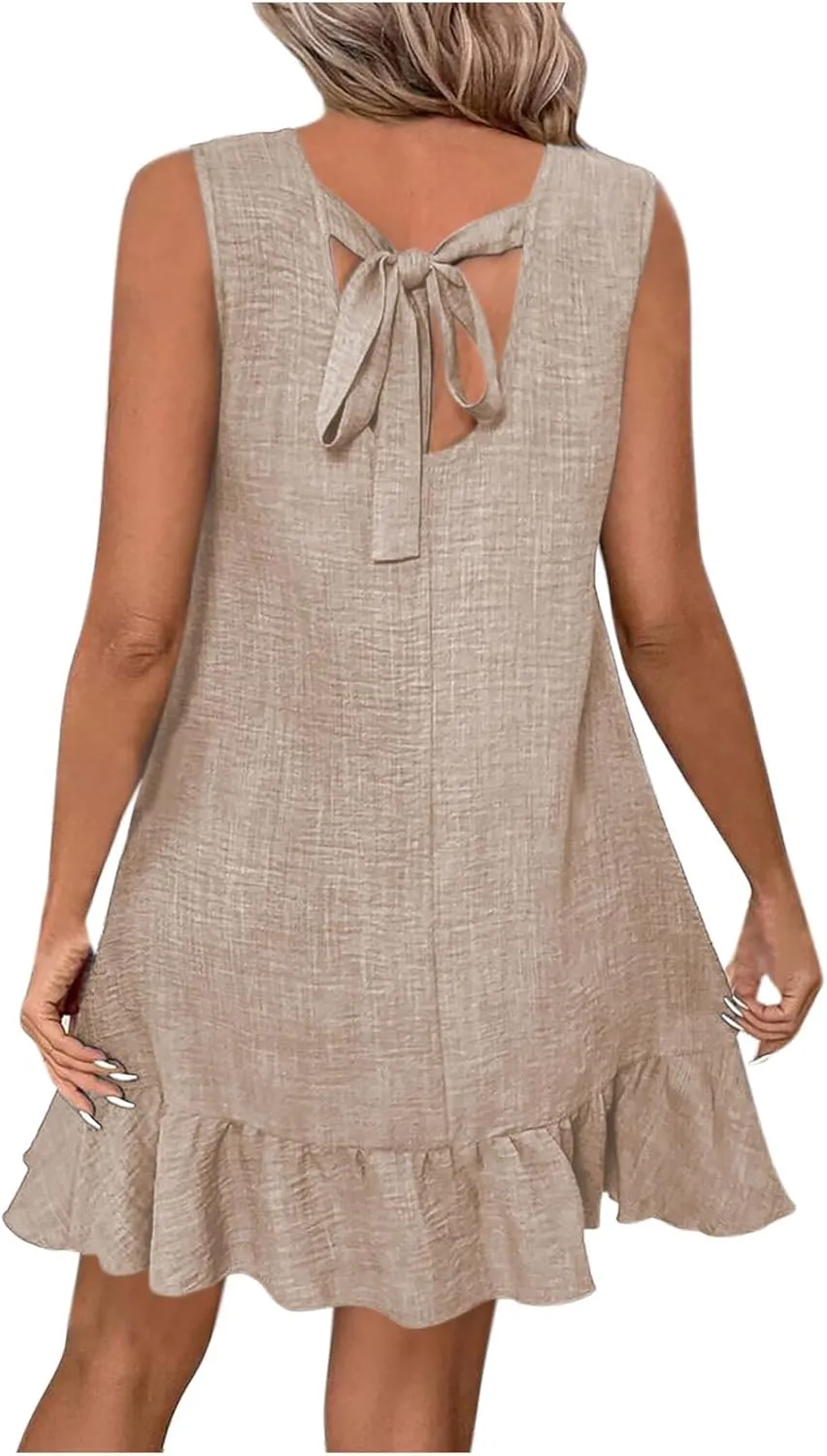 Borniu Women's 2025 Summer Spring Casual Sundress Beach Vacation Sleeveless Tank Crewneck Casual Solid Coverup Mini Dresses