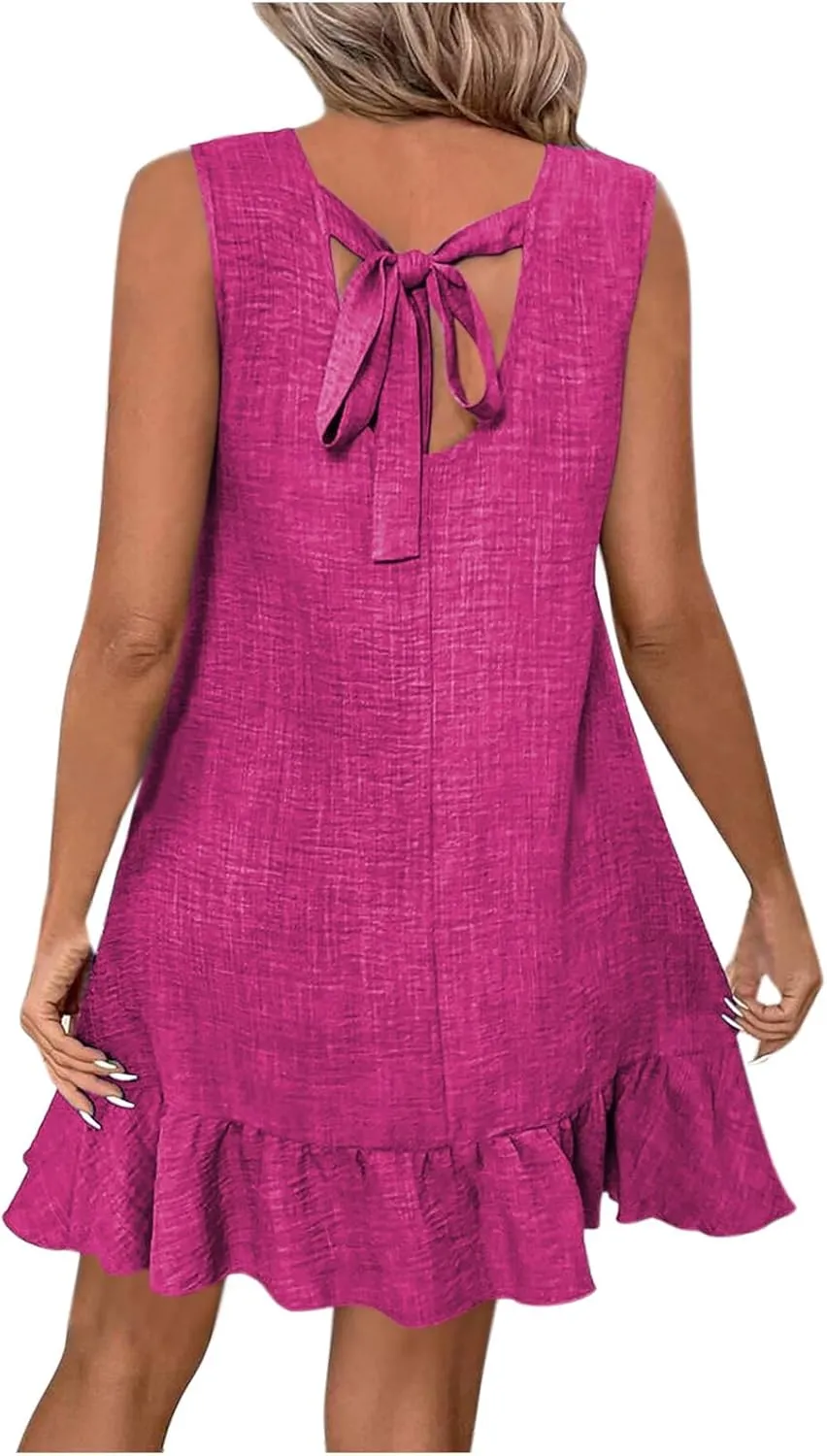 Borniu Women's 2025 Summer Spring Casual Sundress Beach Vacation Sleeveless Tank Crewneck Casual Solid Coverup Mini Dresses