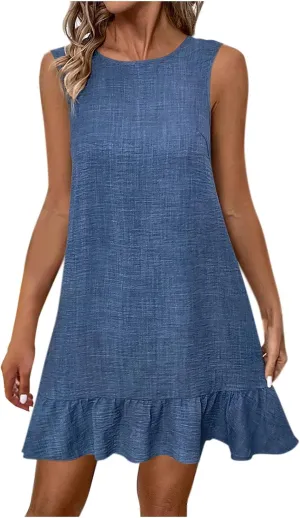 Borniu Women's 2025 Summer Spring Casual Sundress Beach Vacation Sleeveless Tank Crewneck Casual Solid Coverup Mini Dresses