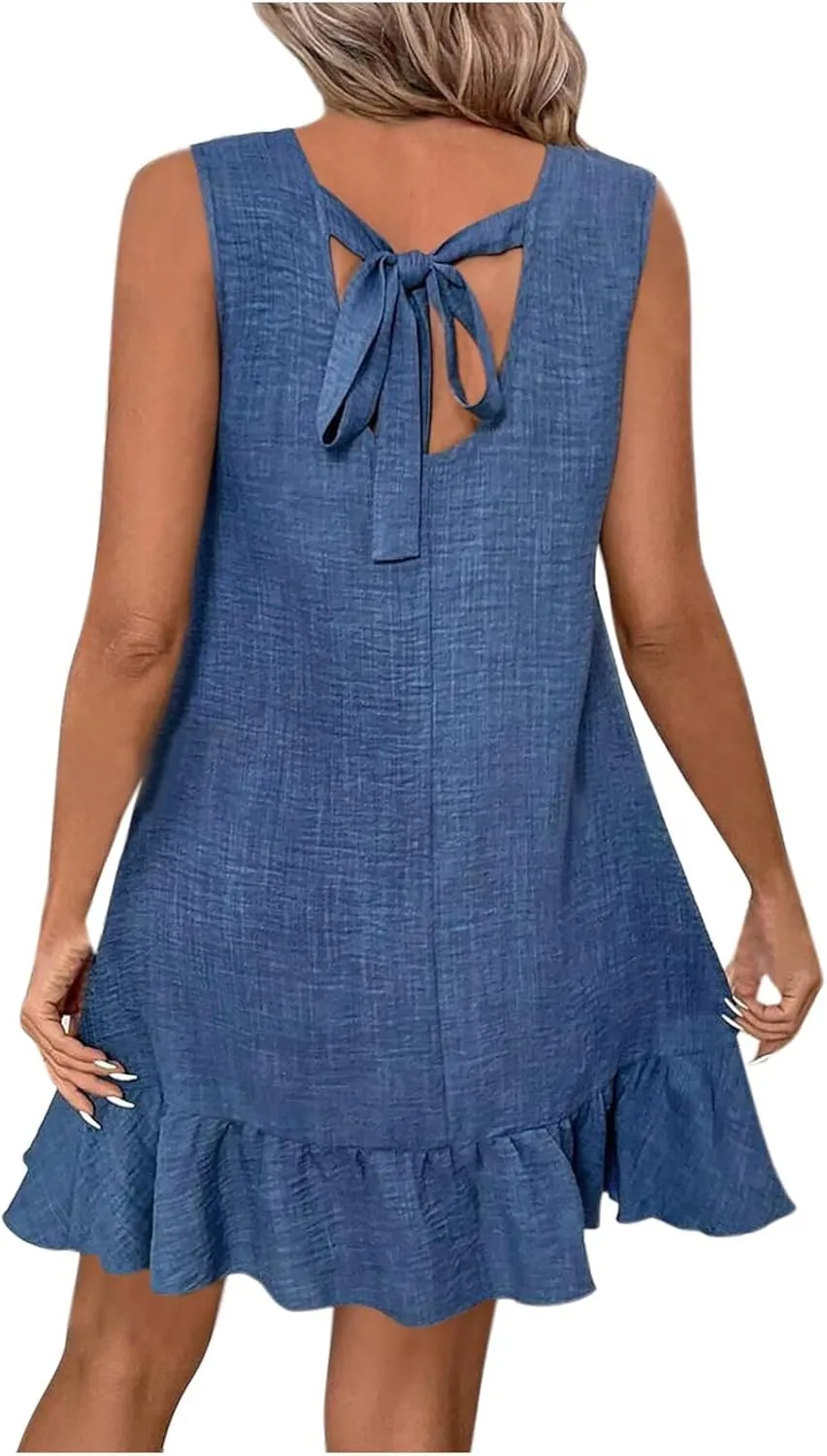 Borniu Women's 2025 Summer Spring Casual Sundress Beach Vacation Sleeveless Tank Crewneck Casual Solid Coverup Mini Dresses
