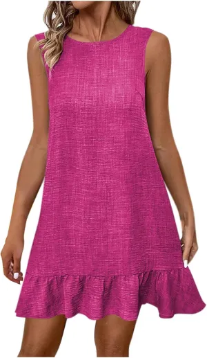 Borniu Women's 2025 Summer Spring Casual Sundress Beach Vacation Sleeveless Tank Crewneck Casual Solid Coverup Mini Dresses