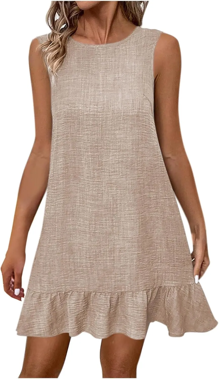 Borniu Women's 2025 Summer Spring Casual Sundress Beach Vacation Sleeveless Tank Crewneck Casual Solid Coverup Mini Dresses
