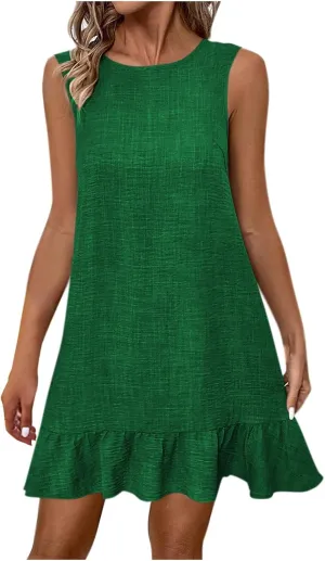Borniu Women's 2025 Summer Spring Casual Sundress Beach Vacation Sleeveless Tank Crewneck Casual Solid Coverup Mini Dresses