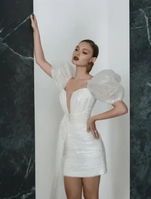 Bridal Shower Sparkle & Shine Little White Dresses Wedding Dresses Short / Mini Sheath / Column Short Sleeve Square Sequined With Ruched Solid Color