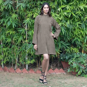 Bronze Grey Warm Cotton Corduroy A-Line Short Dress