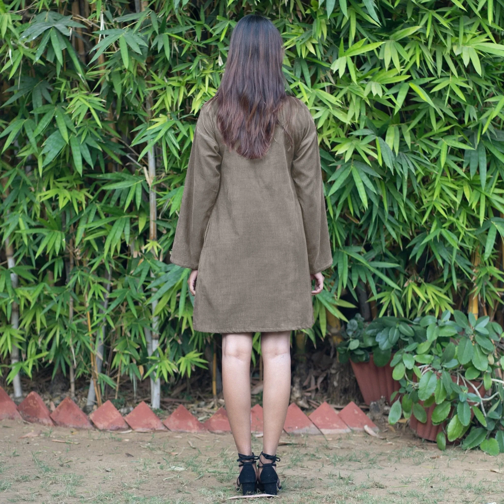 Bronze Grey Warm Cotton Corduroy A-Line Short Dress
