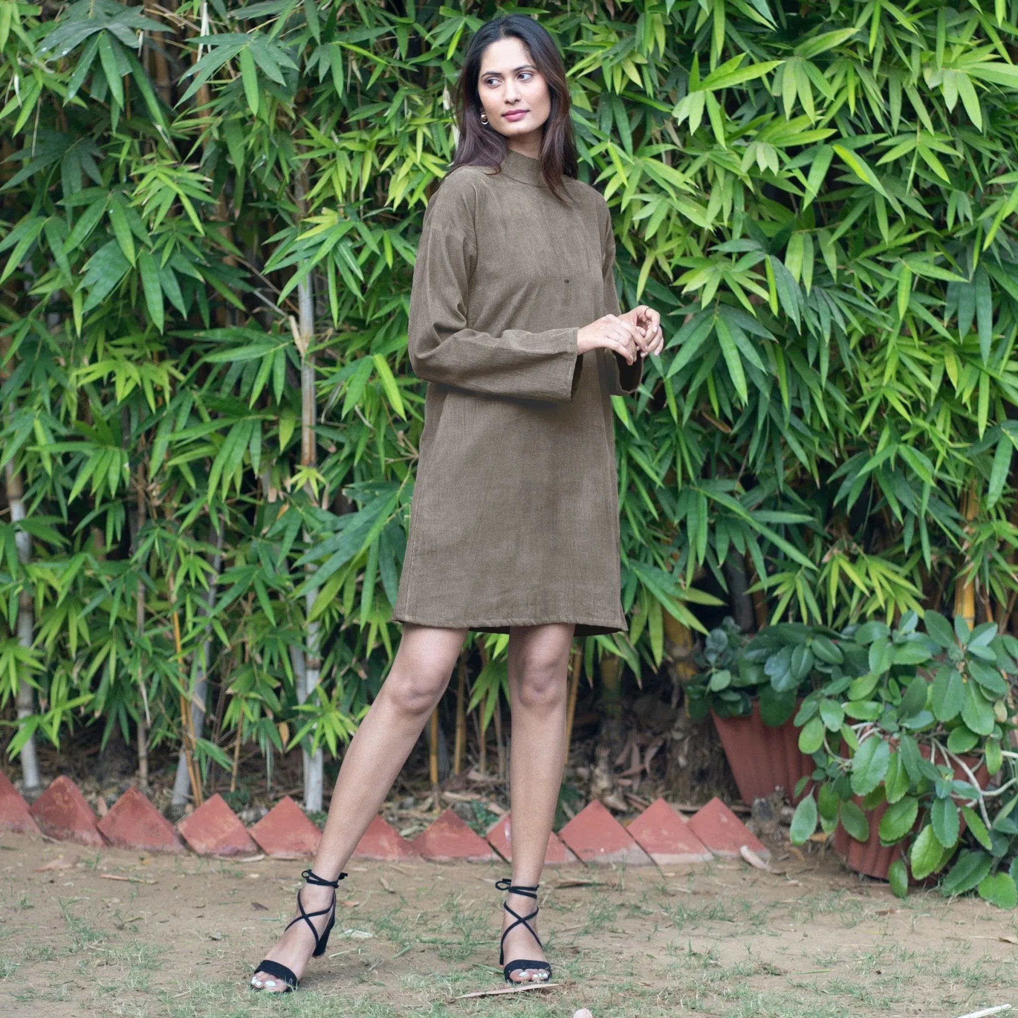 Bronze Grey Warm Cotton Corduroy A-Line Short Dress