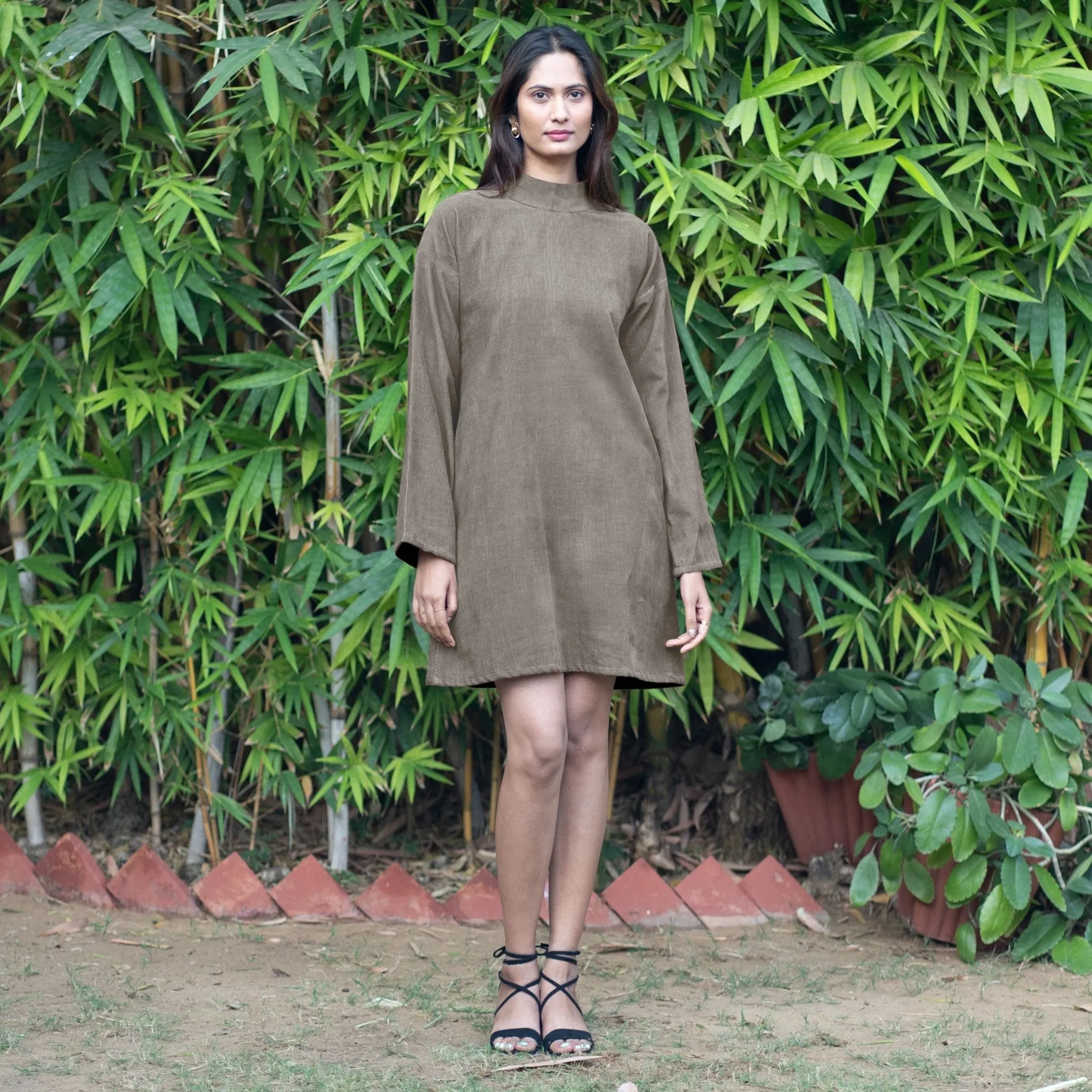 Bronze Grey Warm Cotton Corduroy A-Line Short Dress