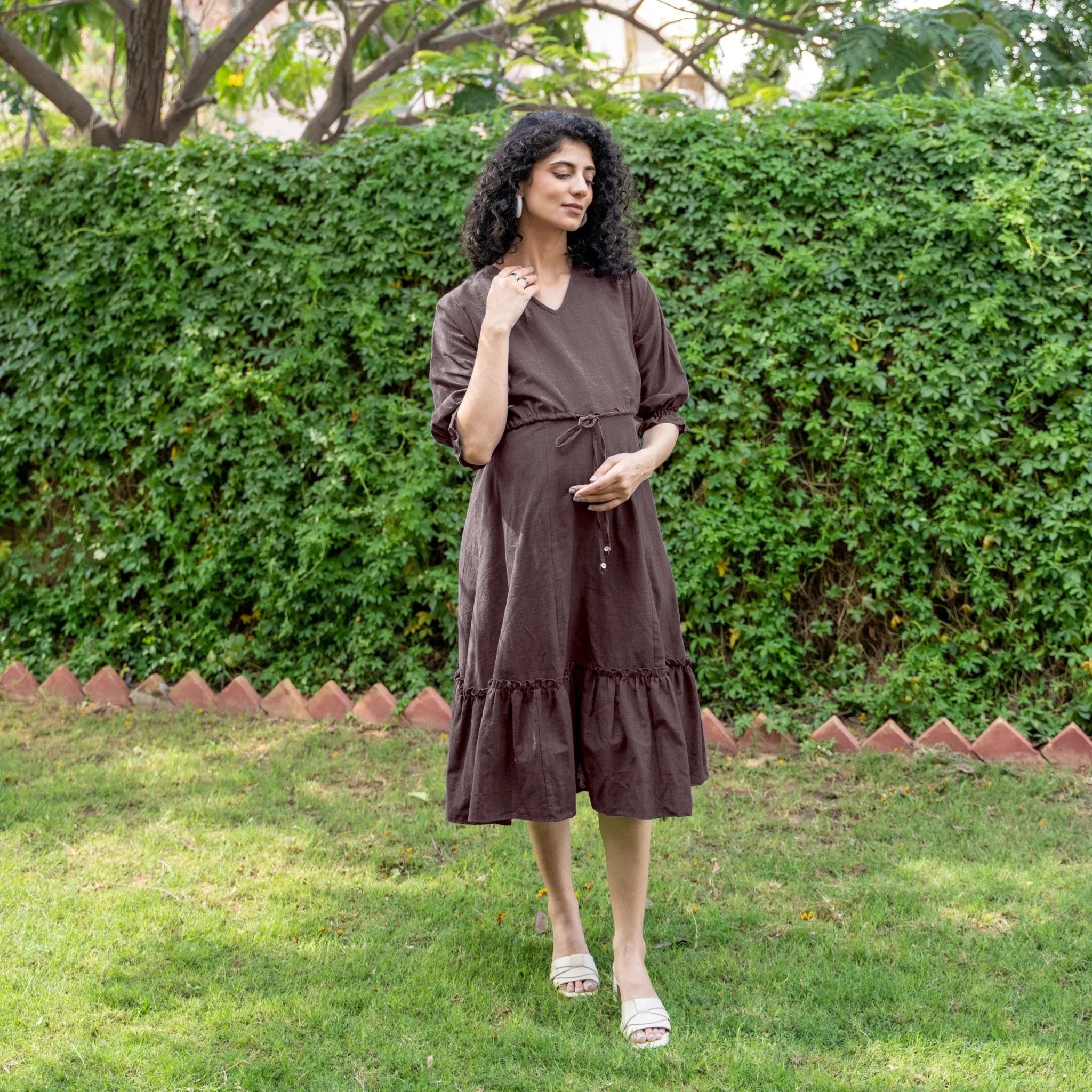 Brown Cotton Flax A-Line Knee Length Pre and Post Maternity Dress
