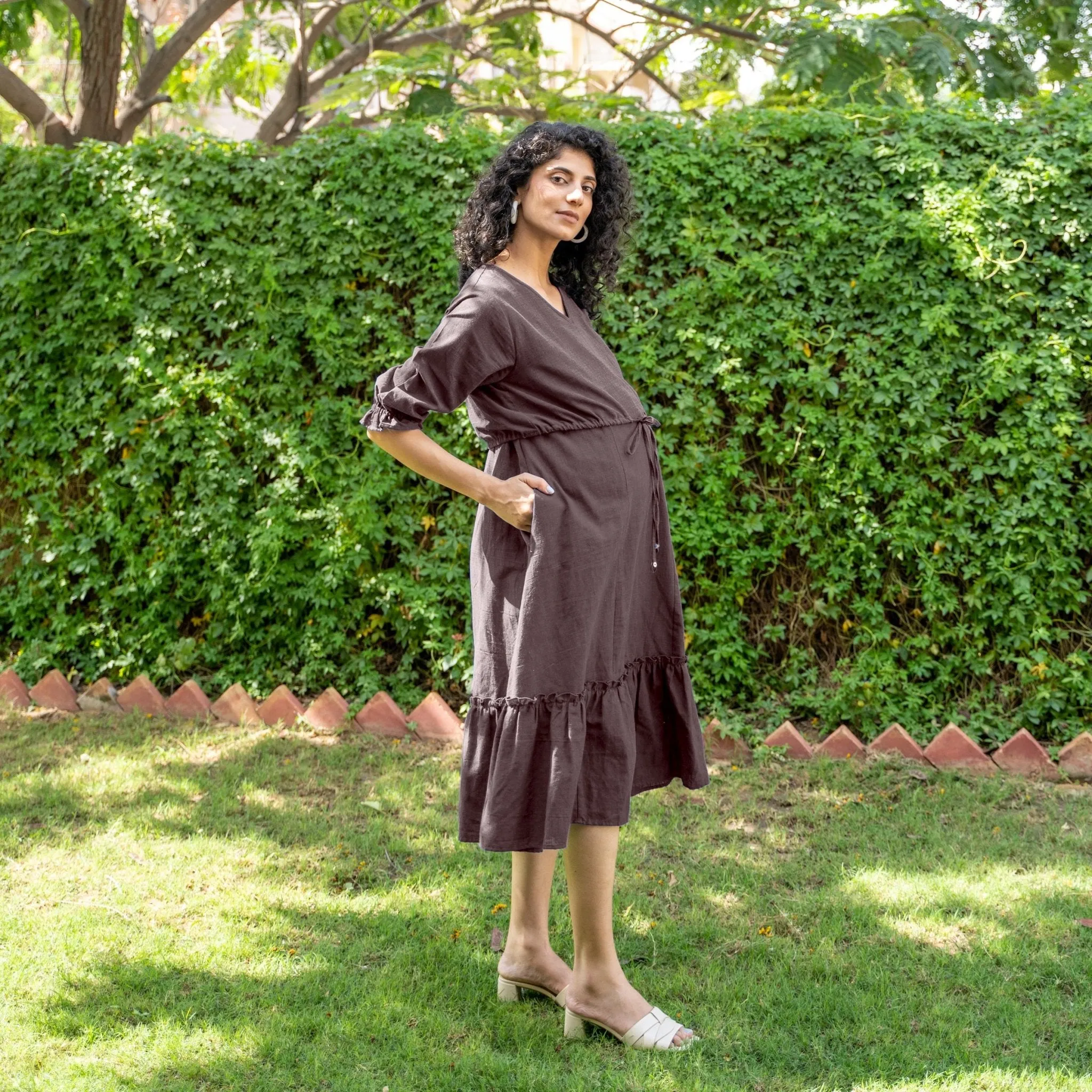 Brown Cotton Flax A-Line Knee Length Pre and Post Maternity Dress