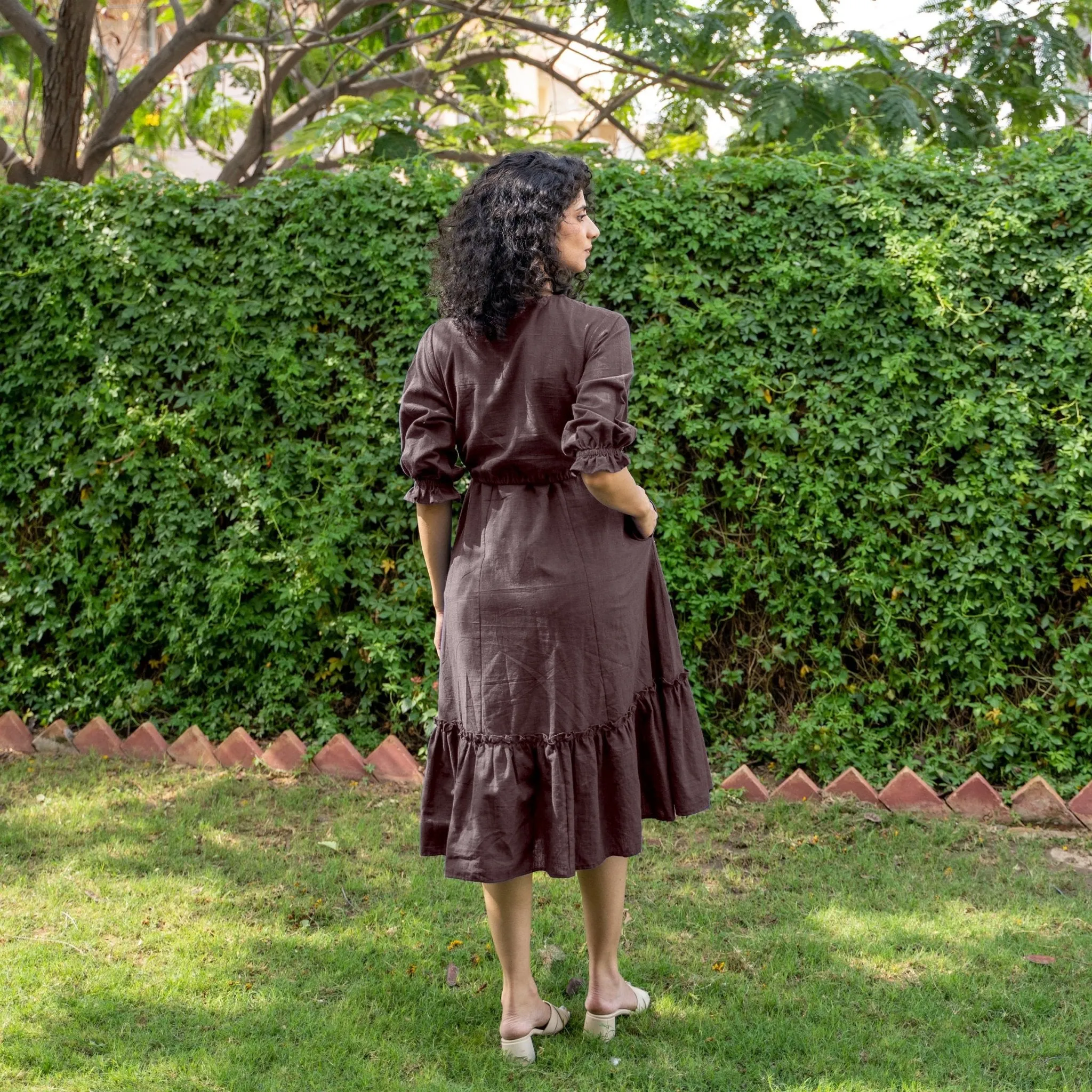 Brown Cotton Flax A-Line Knee Length Pre and Post Maternity Dress
