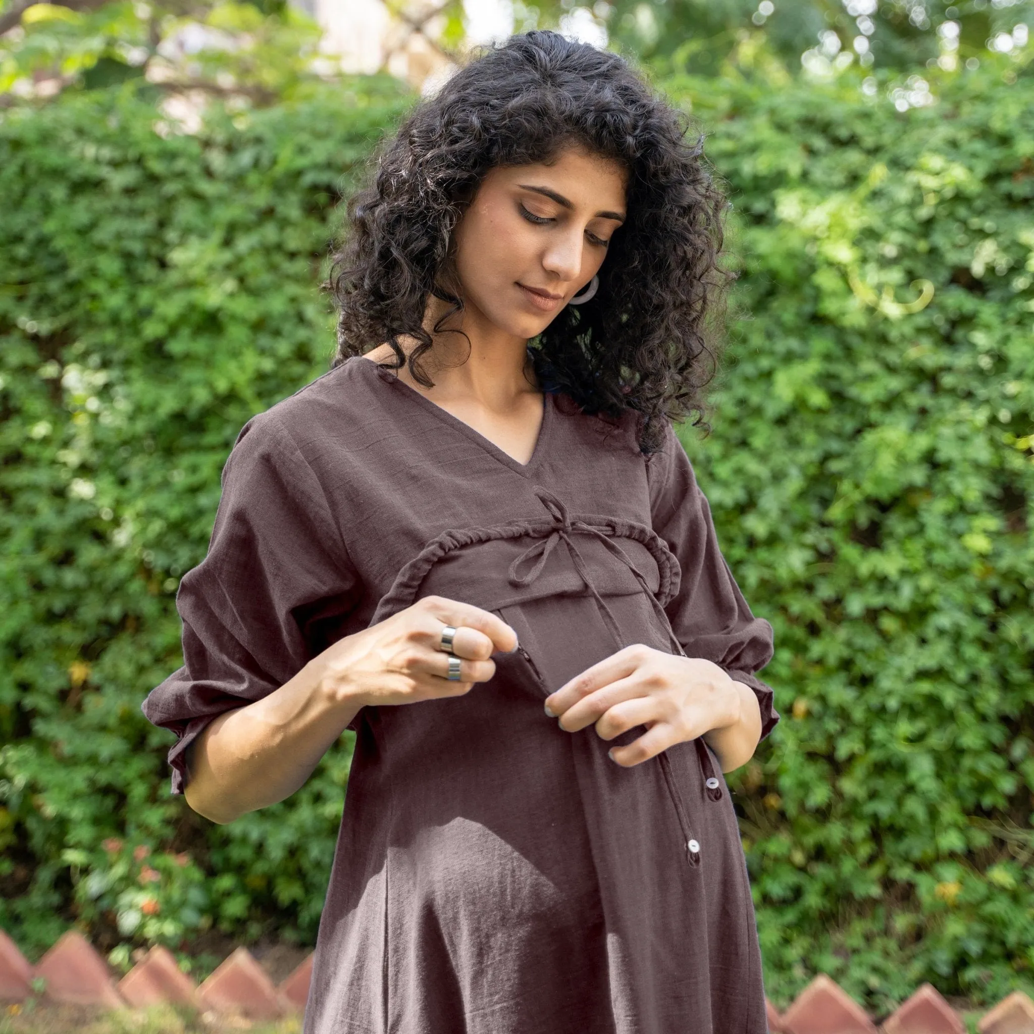 Brown Cotton Flax A-Line Knee Length Pre and Post Maternity Dress