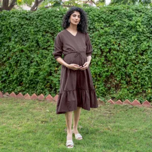 Brown Cotton Flax A-Line Knee Length Pre and Post Maternity Dress