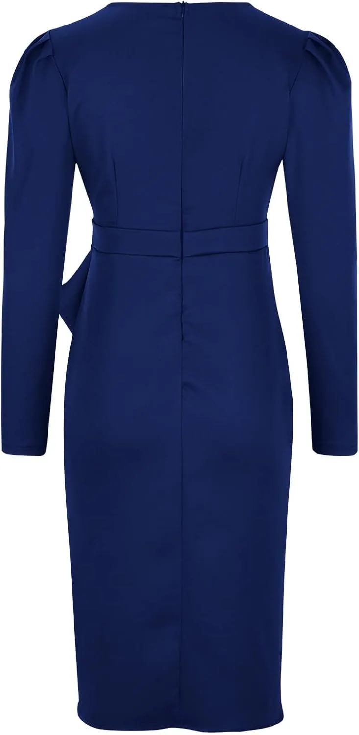 Business Casual Dress for Women Casual Long Sleeve Sexy Deep V Neck Midi Dress Fashion Solid Elegant Wrap Dress