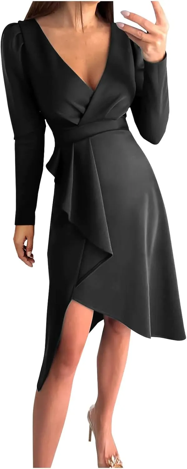 Business Casual Dress for Women Casual Long Sleeve Sexy Deep V Neck Midi Dress Fashion Solid Elegant Wrap Dress