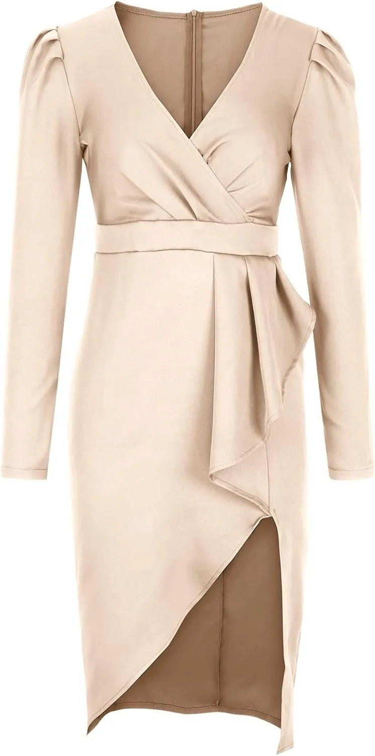 Business Casual Dress for Women Casual Long Sleeve Sexy Deep V Neck Midi Dress Fashion Solid Elegant Wrap Dress