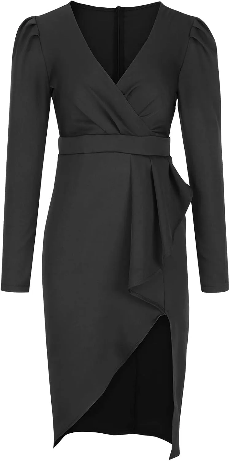 Business Casual Dress for Women Casual Long Sleeve Sexy Deep V Neck Midi Dress Fashion Solid Elegant Wrap Dress