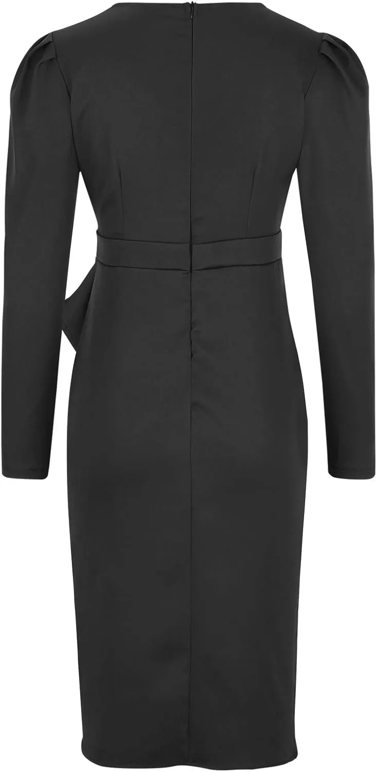 Business Casual Dress for Women Casual Long Sleeve Sexy Deep V Neck Midi Dress Fashion Solid Elegant Wrap Dress