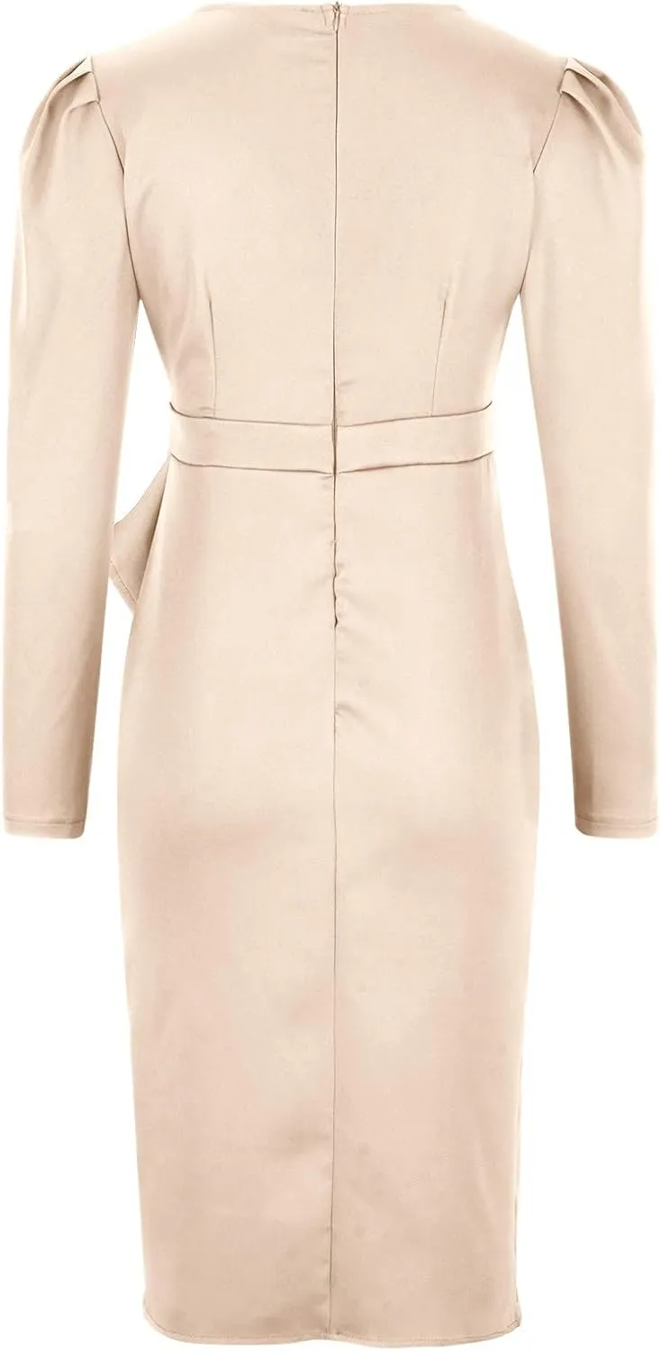 Business Casual Dress for Women Casual Long Sleeve Sexy Deep V Neck Midi Dress Fashion Solid Elegant Wrap Dress