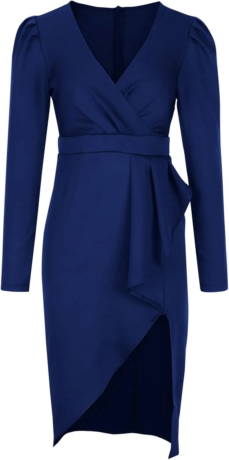 Business Casual Dress for Women Casual Long Sleeve Sexy Deep V Neck Midi Dress Fashion Solid Elegant Wrap Dress