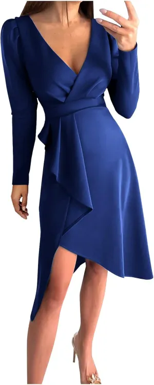 Business Casual Dress for Women Casual Long Sleeve Sexy Deep V Neck Midi Dress Fashion Solid Elegant Wrap Dress