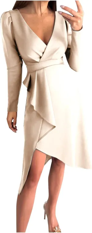 Business Casual Dress for Women Casual Long Sleeve Sexy Deep V Neck Midi Dress Fashion Solid Elegant Wrap Dress