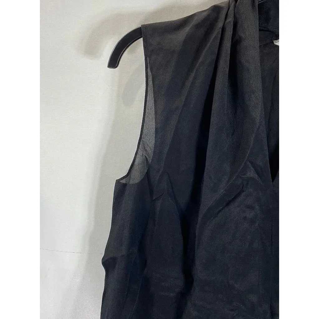 CABI Women's Black Solid Pleat V-Neck Silk-Blend Sleeveless Lightweight Top SZ S