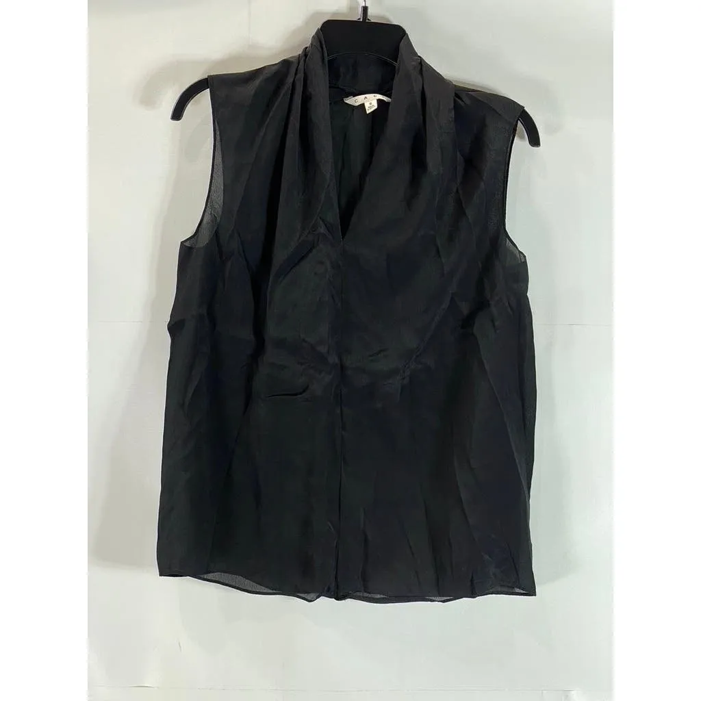 CABI Women's Black Solid Pleat V-Neck Silk-Blend Sleeveless Lightweight Top SZ S