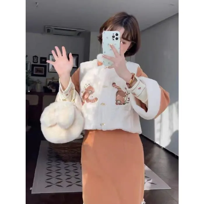 Cartoon Embroidered Fleece Button Vest / Long-Sleeve Midi Qipao / Set