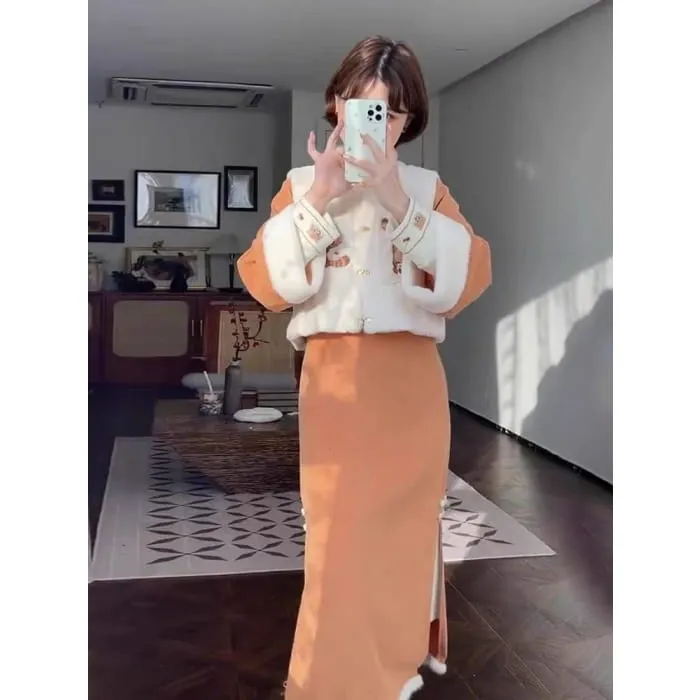 Cartoon Embroidered Fleece Button Vest / Long-Sleeve Midi Qipao / Set