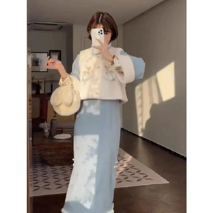 Cartoon Embroidered Fleece Button Vest / Long-Sleeve Midi Qipao / Set