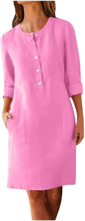 Casual Button Down Dress for Women with Pockets 3/4 Sleeve Shift Dress Shift Summer Casual Work