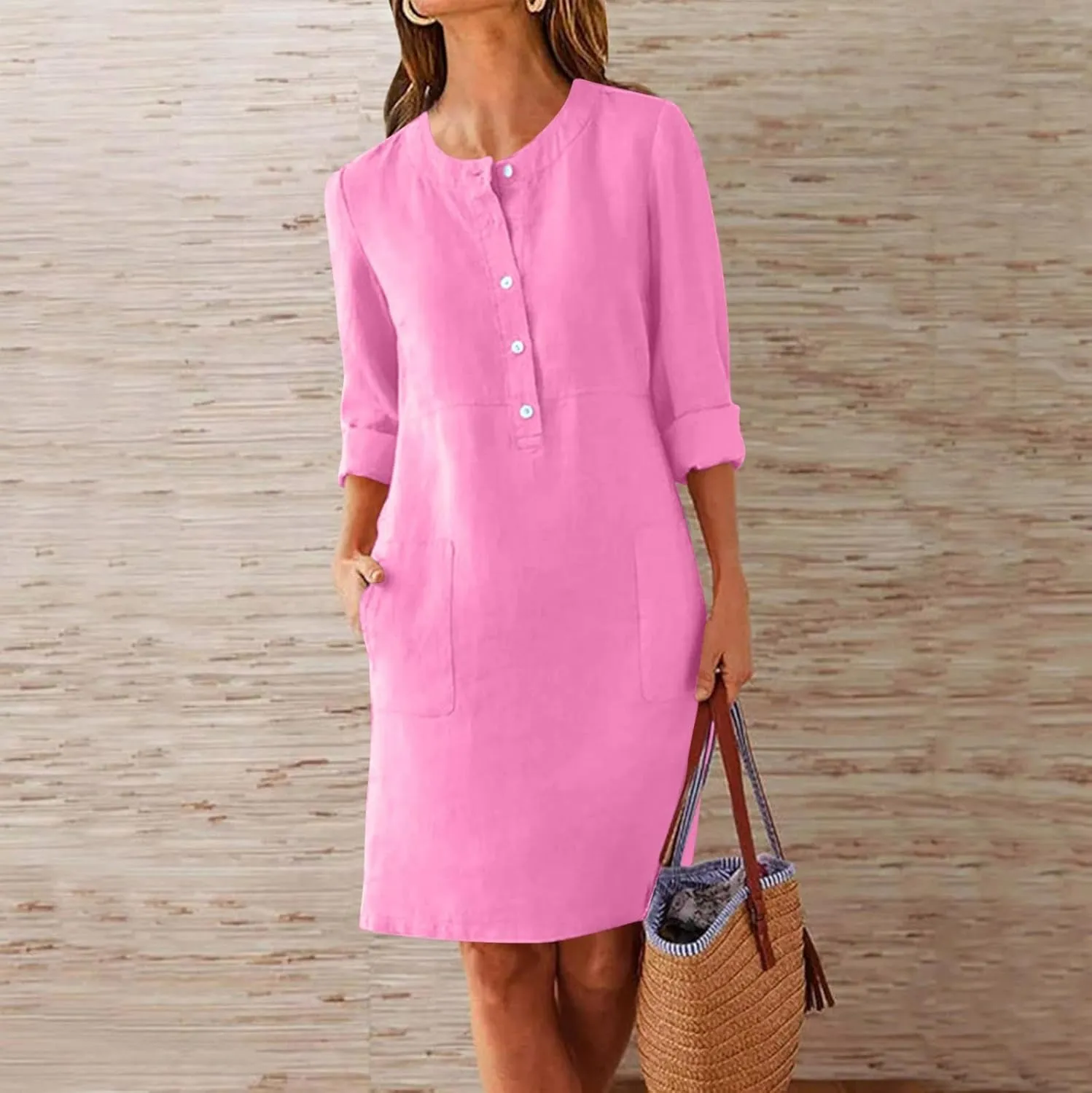Casual Button Down Dress for Women with Pockets 3/4 Sleeve Shift Dress Shift Summer Casual Work