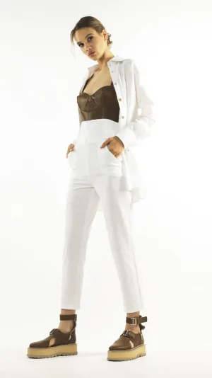 Casual Cotton High Waisted Trousers in Pure White