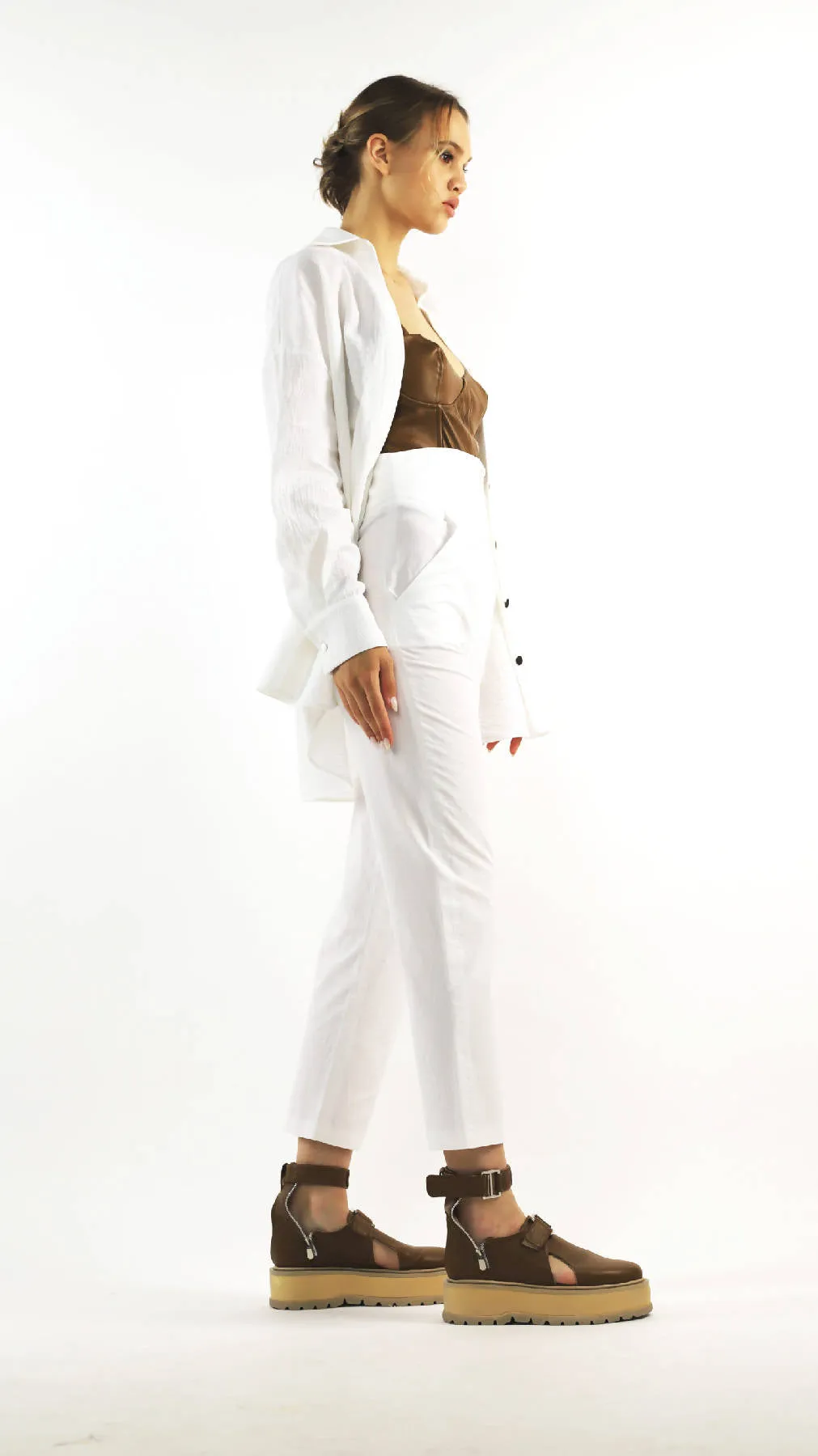 Casual Cotton High Waisted Trousers in Pure White