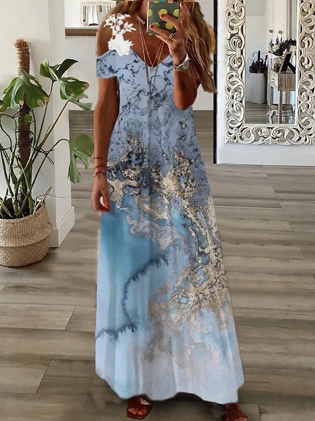 Casual Dress Lace Dress A Line Dress Floral Ombre Lace Patchwork Strap Long Dress Maxi Dress Fashion Streetwear Outdoor Daily Short Sleeve Regular Fit Light Pink Pink Blue Summer Spring S M L for Women
