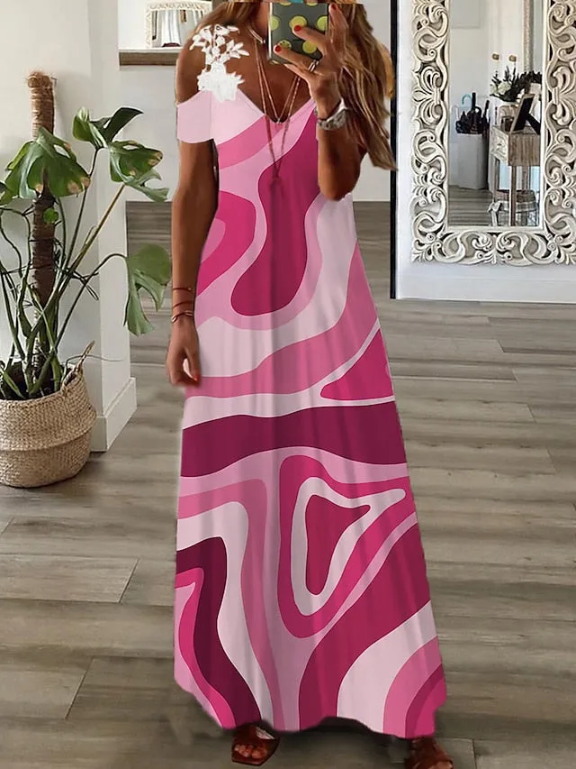 Casual Dress Lace Dress A Line Dress Floral Ombre Lace Patchwork Strap Long Dress Maxi Dress Fashion Streetwear Outdoor Daily Short Sleeve Regular Fit Light Pink Pink Blue Summer Spring S M L for Women