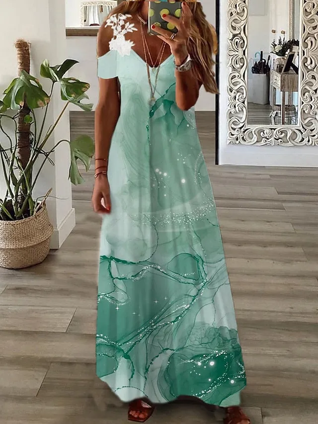 Casual Dress Lace Dress A Line Dress Floral Ombre Lace Patchwork Strap Long Dress Maxi Dress Fashion Streetwear Outdoor Daily Short Sleeve Regular Fit Light Pink Pink Blue Summer Spring S M L for Women