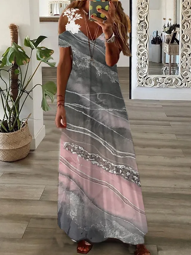 Casual Dress Lace Dress A Line Dress Floral Ombre Lace Patchwork Strap Long Dress Maxi Dress Fashion Streetwear Outdoor Daily Short Sleeve Regular Fit Light Pink Pink Blue Summer Spring S M L for Women