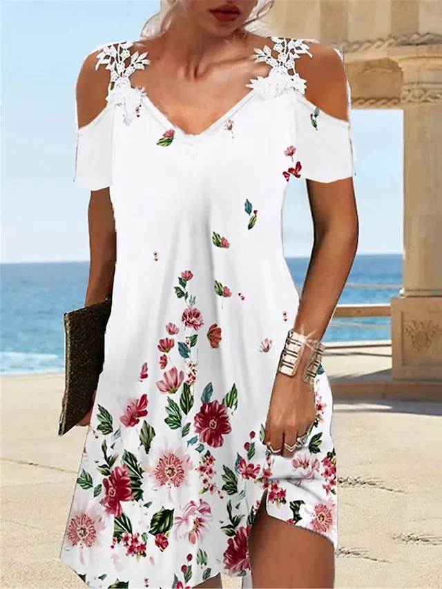 Casual Dress Shift Dress Slip Dress Floral Lace Print Strap Mini Dress Tropical Fashion Outdoor Daily Short Sleeve Regular Fit White Red Green Spring Summer S M L XL XXL for Women