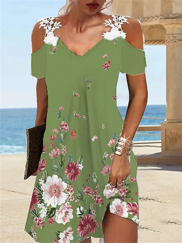 Casual Dress Shift Dress Slip Dress Floral Lace Print Strap Mini Dress Tropical Fashion Outdoor Daily Short Sleeve Regular Fit White Red Green Spring Summer S M L XL XXL for Women