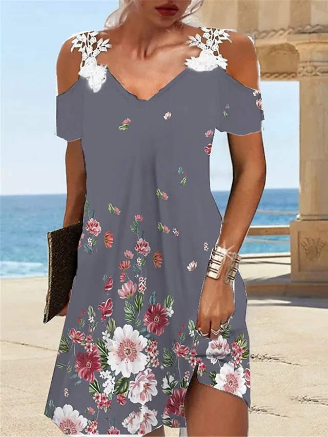 Casual Dress Shift Dress Slip Dress Floral Lace Print Strap Mini Dress Tropical Fashion Outdoor Daily Short Sleeve Regular Fit White Red Green Spring Summer S M L XL XXL for Women
