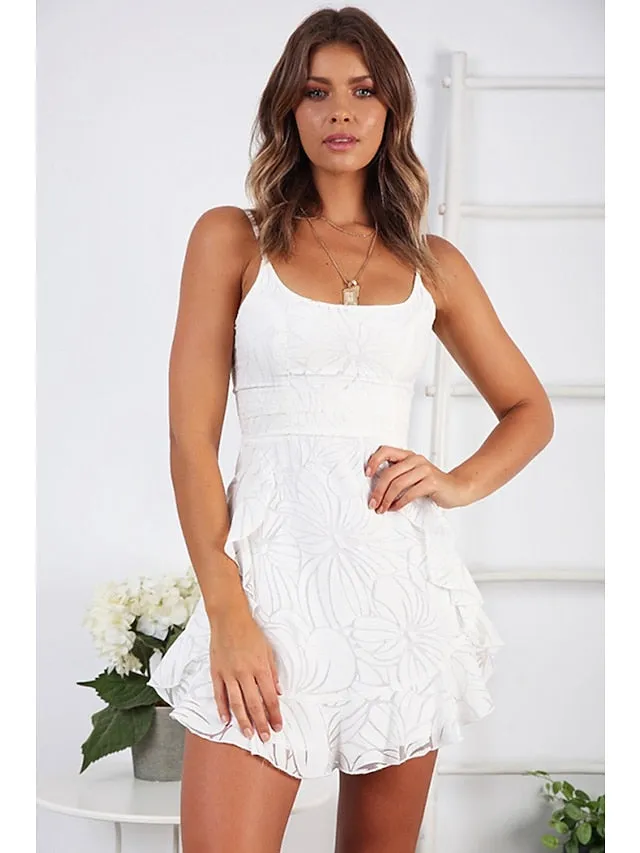 Casual Dress Strap Dress Slip Dress Mini Dress White Sleeveless Pure Color Ruffle Summer Spring Spaghetti Strap Fashion Vacation  S M L XL for Women